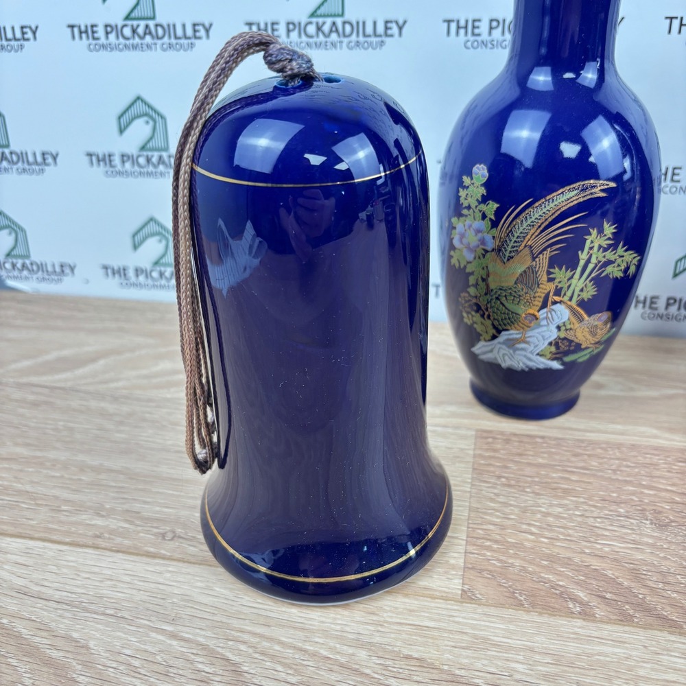 5pc Chinese Cobalt Blue Porcelain Set Vases Bell Bowl Gilt Bird Crane Pheasant - Picture 7 of 13